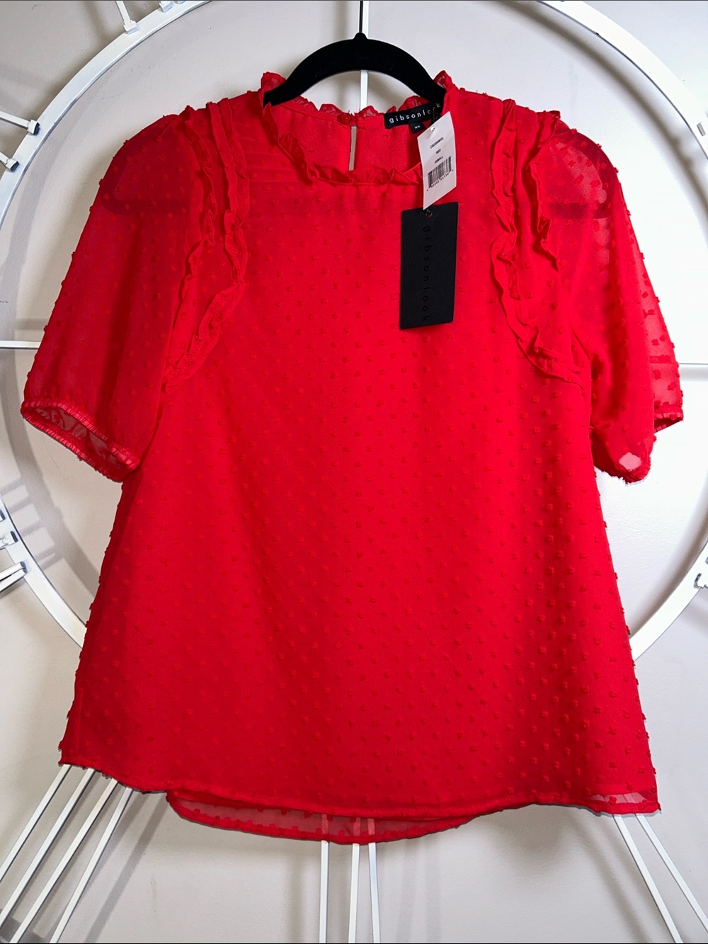 NWT Gibsonlook Bright Red Swiss Dot Ruffle Sleeve Blouse